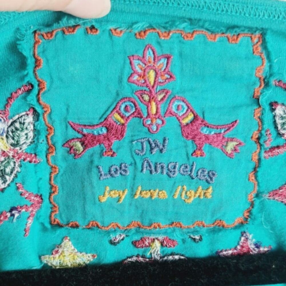 Johnny Was LA Embroidered Ruffle Button Front Teal Long Sleeve Blouse, sz Med - Picture 4 of 15